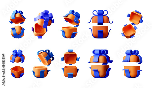 Orange gift box collection with blue bow. Many present package with ribbon. 3d stock vector illustration model of surprise, birthday, holiday.