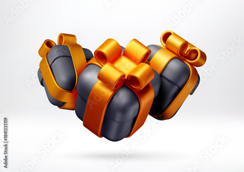 Three 3D black gift box with gold ribbon for special event, holiday present, reward program, birthday, Christmas, or anniversary celebration. Vector illustration