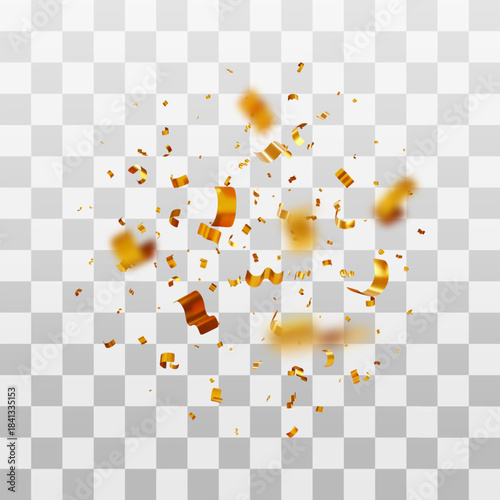 3D Falling gold confetti and streamer on transparent background. Festive design element for party, celebration, carnival, birthday, Anniversary, New Year, Christmas. Vector illustration