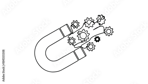 Innovative business concept with magnet attracting gears, symbolizing attraction and problem-solving in a creative workspace