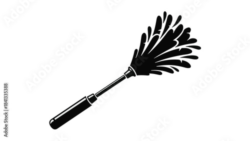 Black silhouette feather duster cleaning tool on white background, isolated cleaning supply for household chores and organization