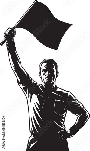 Assistant referee with flag black and white silhouette line judge holding flag up vector illustration