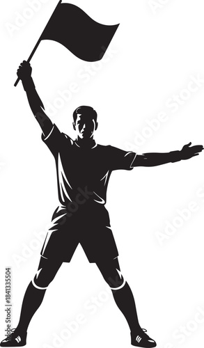 Assistant referee in soccer uniform raising flag and spreading arms black and white silhouette vector