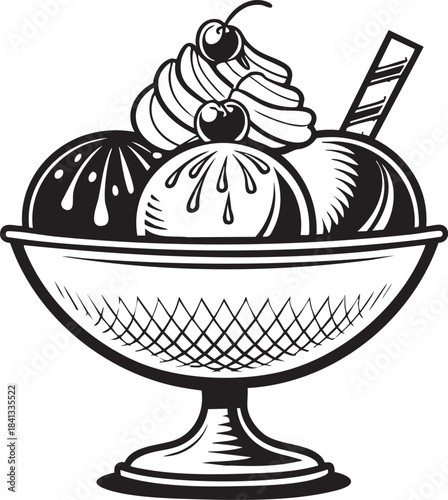 Ice Cream Sundae Silhouette – Black Line Vector Illustration of Triple Scoop Dessert with Whipped Cream, Cherries, and Wafer