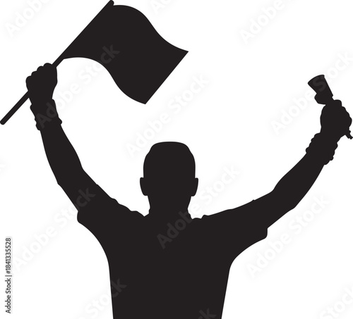 Excited sports referee or linesman silhouette celebrating win holding flag and whistle with arms raised.