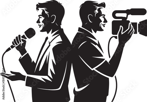 Journalists interview and camera operator recording media event reportage silhouette