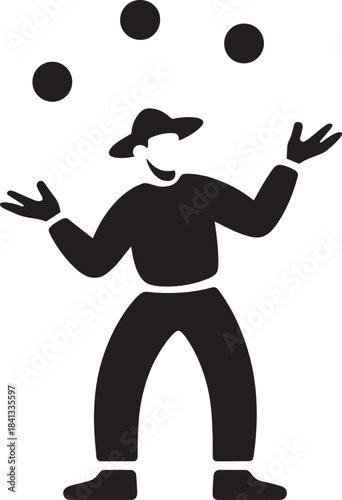 Juggler silhouette juggling three balls black vector illustration isolated on transparent background