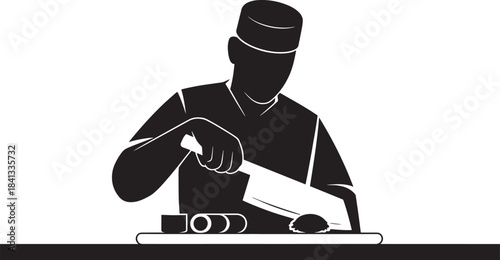 Professional sushi chef cutting japanese food roll using large sharp knife on white cutting board vector silhouette
