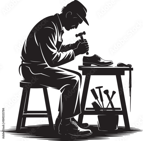 Shoemaker hammering nail into shoe while sitting at workbench black and white silhouette vector