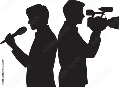 Silhouette of journalist reporter holding microphone standing back to back with cameraman videographer operating video camera.