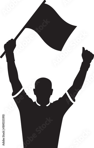 Sports fan supporter cheering enthusiastically holding flag raised overhead celebrating victory