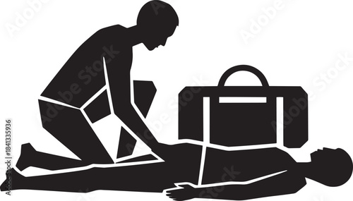 Stylized emergency first responder administering cardiopulmonary resuscitation to patient black silhouette graphic.