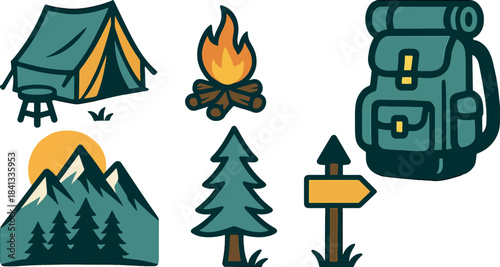Camping icons with tent, backpack, campfire, mountains, pine tree and direction sign adventure vector
