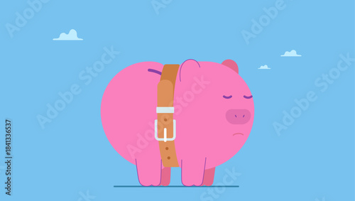 Piggybank tighten belt on his belly metaphor of saving cost. Tighten belt to reduce budget or spending, financial crisis or economic slow down, keep cost and expense low to survive.