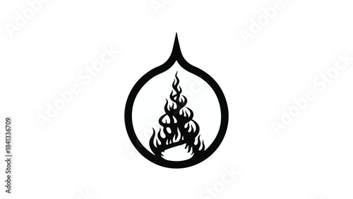 Black flame icon within teardrop shape symbol isolated on white background