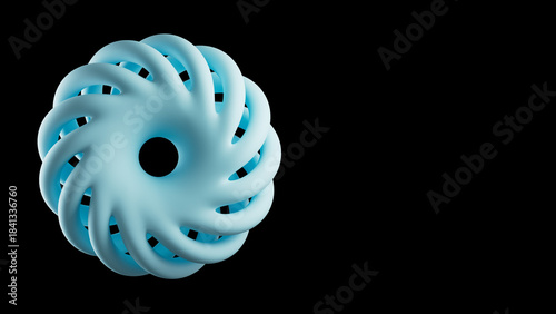 3D render of a blue abstract spiral torus knot. Futuristic geometric graphic for technology or science. Isolated on a dark background with copy space