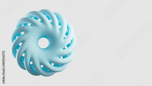 3D render of a complex blue abstract spiral torus knot. Clean, modern geometric graphic ideal for technology, engineering, or science concepts. Isolated on a light background with ample copy space