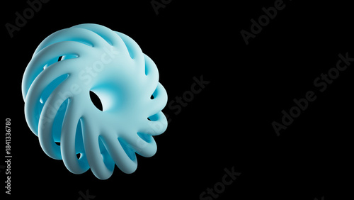 3D render of a complex blue abstract spiral torus knot viewed from a dynamic angle. Futuristic geometric graphic ideal for technology, engineering, or science concepts. Isolated on a dark background w