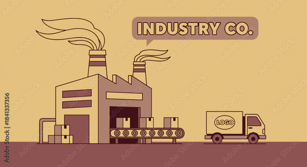 Naklejka premium Illustrated factory production and logistics with conveyor belt packaging and waiting delivery truck