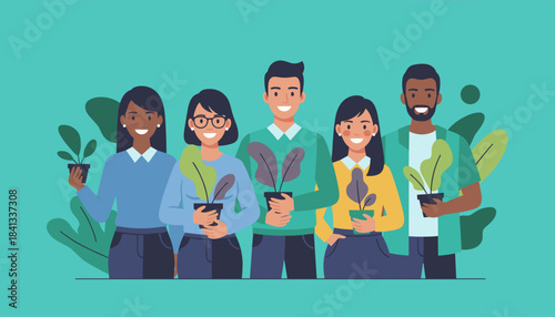 Smiling diverse business team holding plants Ecofriendly office growth and sustainability concept