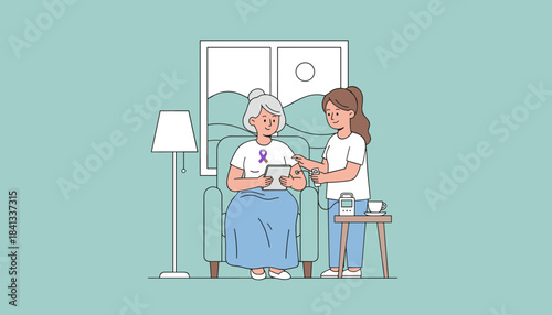 Home caregiver assists elderly patient with remote health monitoring using a tablet