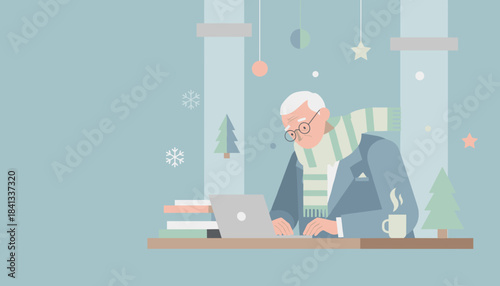 Older man works intently on a laptop at a winter desk with festive decorations and coffee