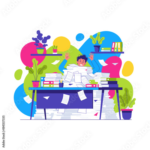 Businessman buried under paperwork feeling overwhelmed by stress and high workload