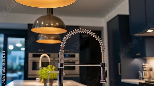 Elegant modern kitchen interior design with a prominent gooseneck faucet, warm ambient lighting, and dark cabinetry, embodying contemporary home style