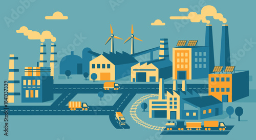 Flat design industrial landscape factories transportation wind power and solar energy integration