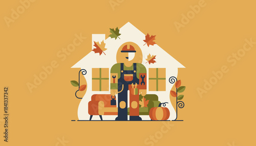 A smiling handyman in uniform stands in a house frame during autumn ready for home maintenance