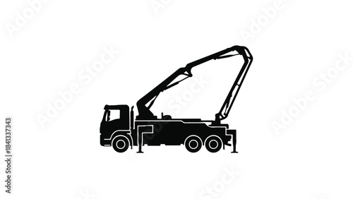Black silhouette of industrial truck with crane arm on white background, heavy machinery and equipment concept for construction and manufacturing