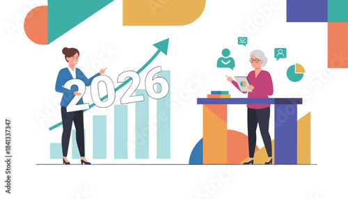 Businesswomen planning 2026 growth using bar charts and digital data analysis for successful strategy