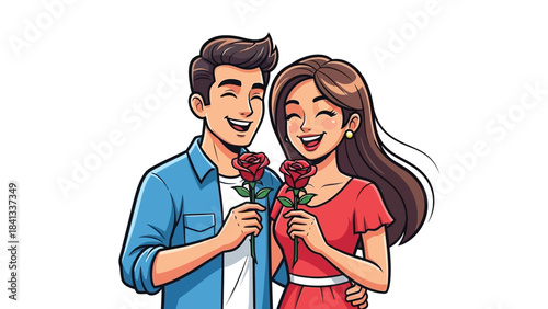 A happy loving couple sharing beautiful red roses together joyfully
