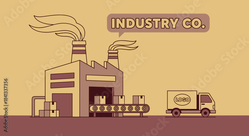 Illustrated factory production and logistics with conveyor belt packaging and waiting delivery truck