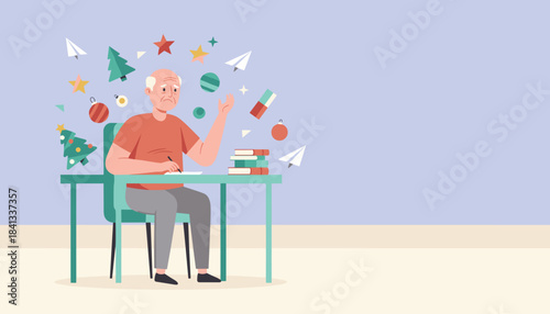 Nostalgic senior man writes overwhelmed by symbols of memory education and holidays