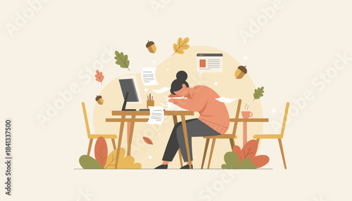 Employee burnout Tired woman sleeping at her desk among papers and autumn decoration