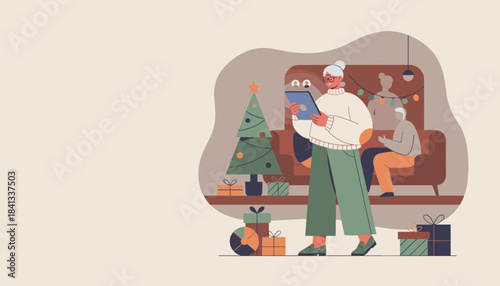 Senior woman enjoys a virtual holiday party using a tablet near a Christmas tree