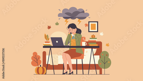 Burnout at work from home Stressed woman with headache under a stormy cloud in an autumn setting
