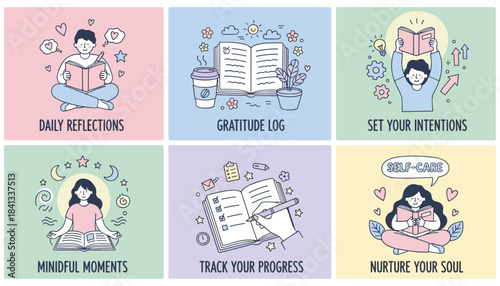 Selfcare and mindfulness illustration set daily journaling gratitude log intention setting and progress tracking