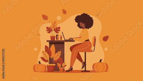 African American woman works remotely on laptop in a cozy autumn home office illustration