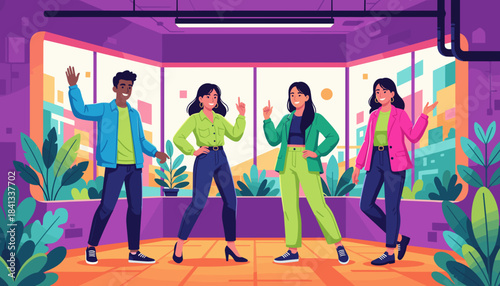 Diverse business team posing confidently in a vibrant modern office environment