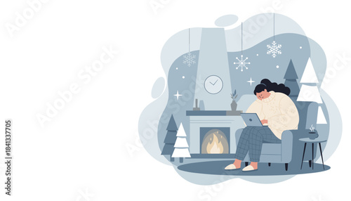 Cozy woman using laptop by a fireplace in a winter home setting illustrating WFH and comfort