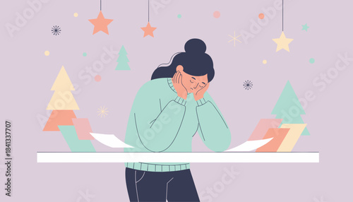 Sad woman tired of holiday stress and seasonal melancholy among festive winter decorations