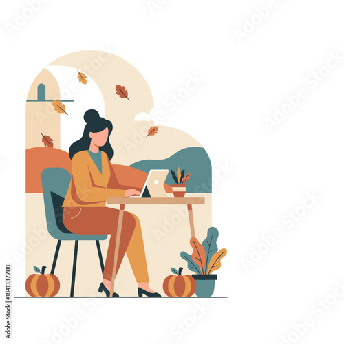 Freelancer working on a laptop in a cozy autumnthemed office Remote work lifestyle illustration