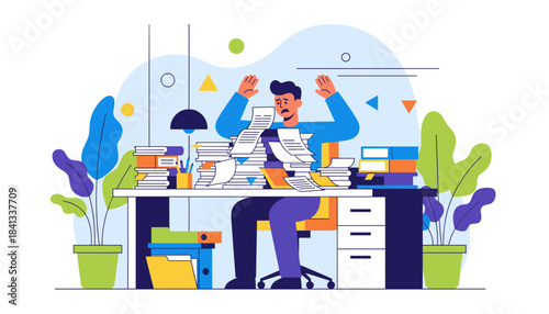 Overwhelmed office worker buried in paperwork and documents Stress deadline and excessive workload concept