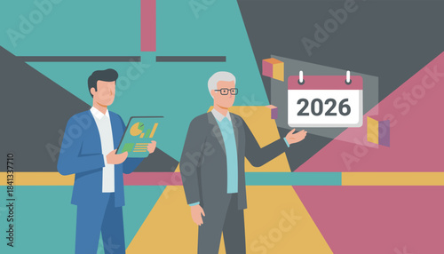Two businessmen discuss 2026 financial planning strategy and business goals using data visualization