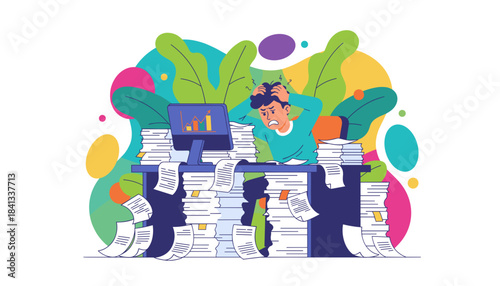 Stressed worker buried in paperwork suffers burnout and excessive workload Deadline pressure concept