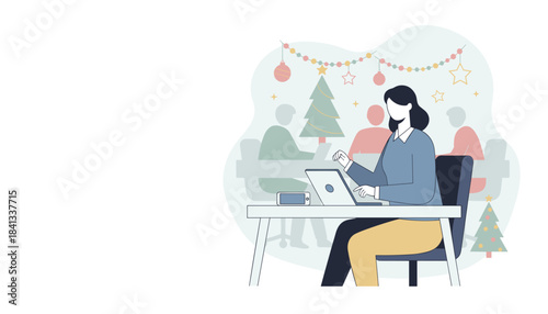 Woman working on laptop in a decorated office during the Christmas holidays Business holiday concept