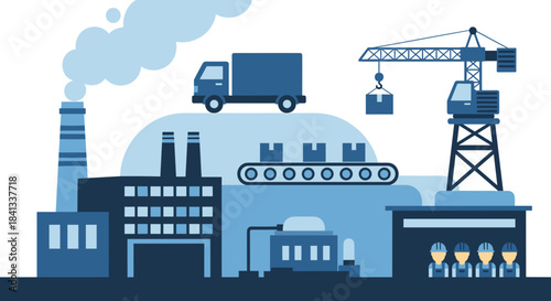 Industrial production and logistics scene factory truck transport crane conveyor belt and workers