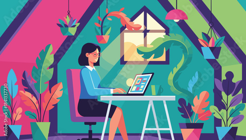 Woman working remotely on a laptop in a vibrant plantfilled home office Digital illustration